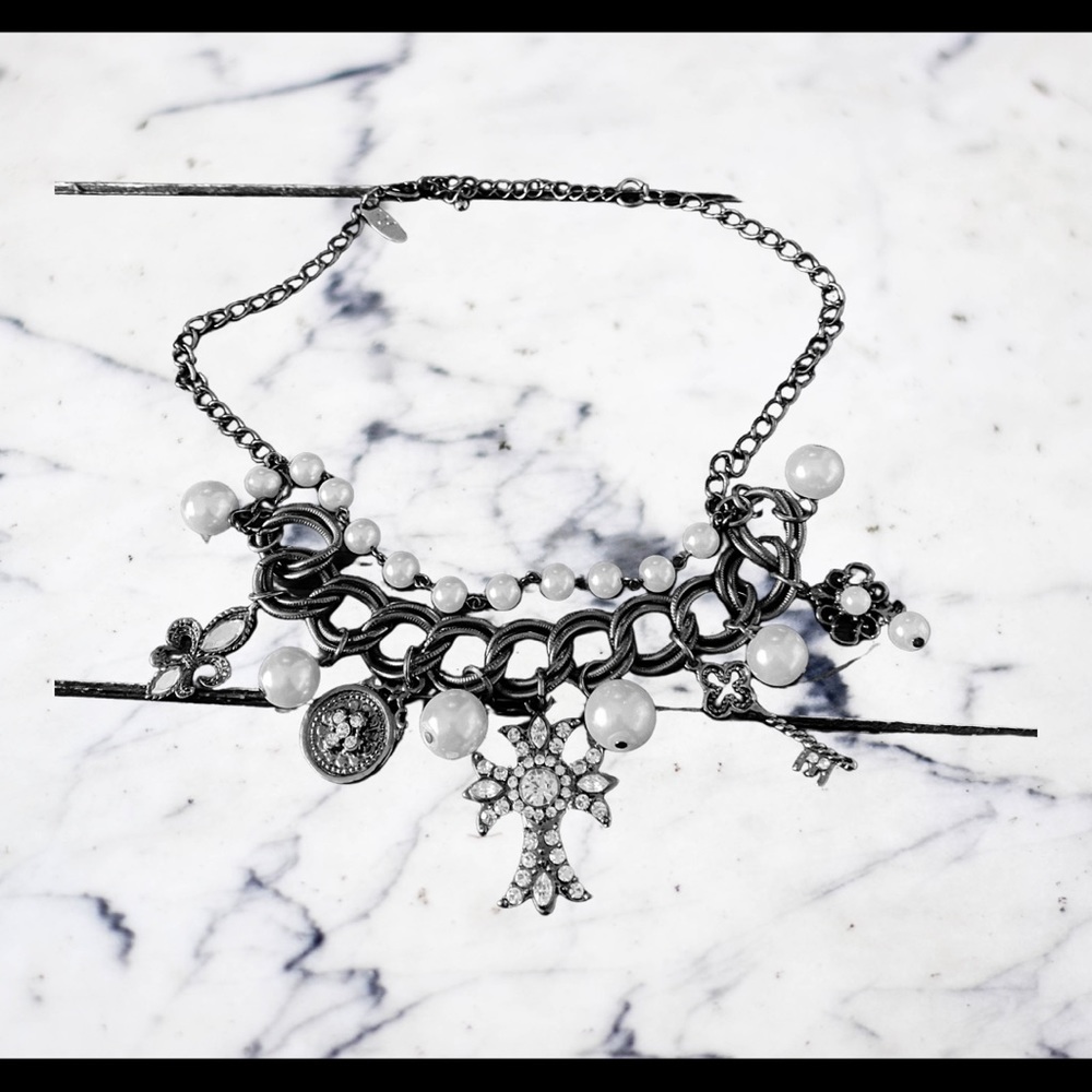 Choker with antiqued black metal, pearls, cross, keys, & other fun trinkets.